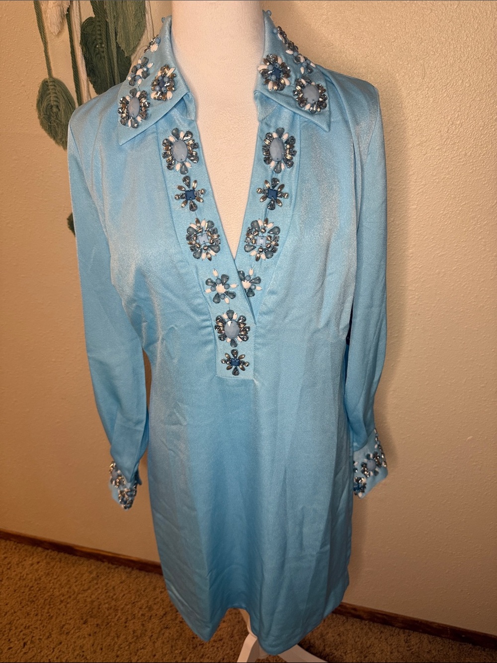 Boston Proper Sky Blue Jeweled V-Neck Midi Dress